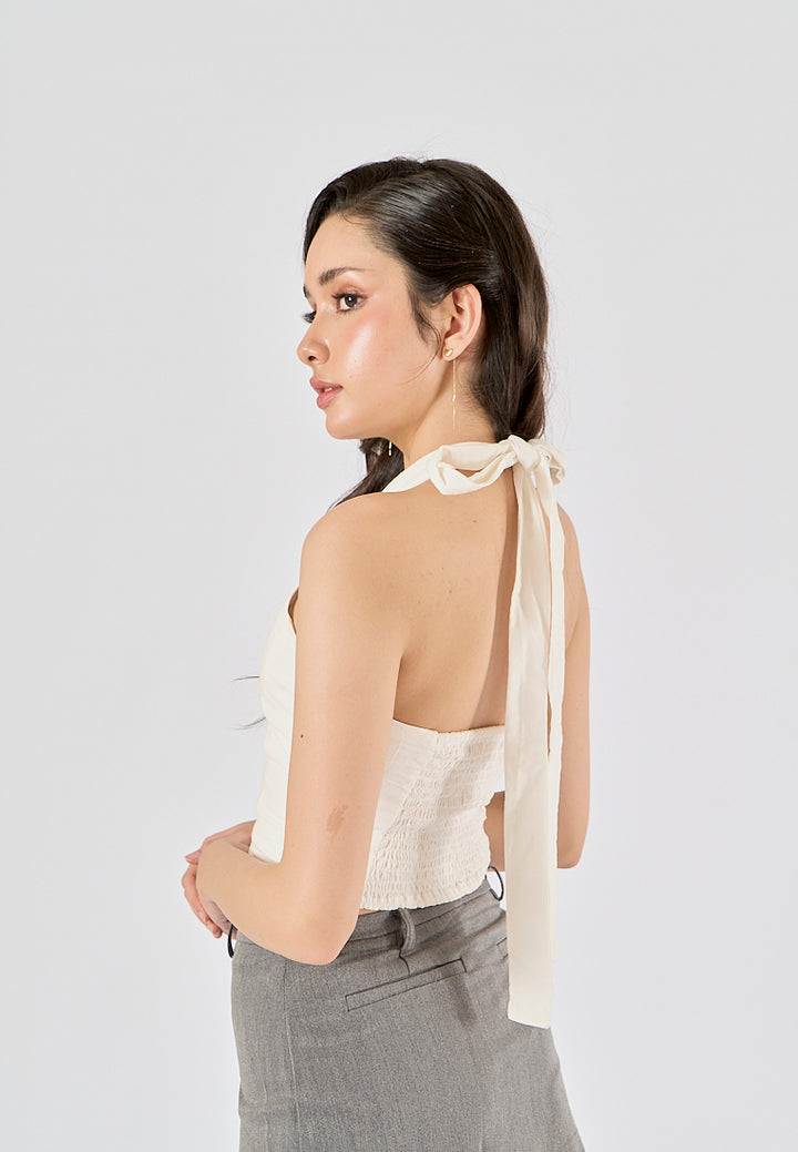 Farren In Oat Self  Tie Back Hollow Out  Halter Tank Top