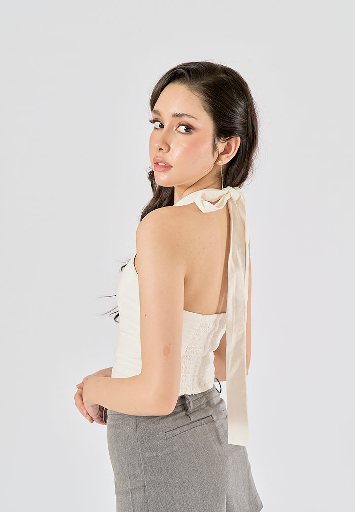 Farren In Oat Self  Tie Back Hollow Out  Halter Tank Top