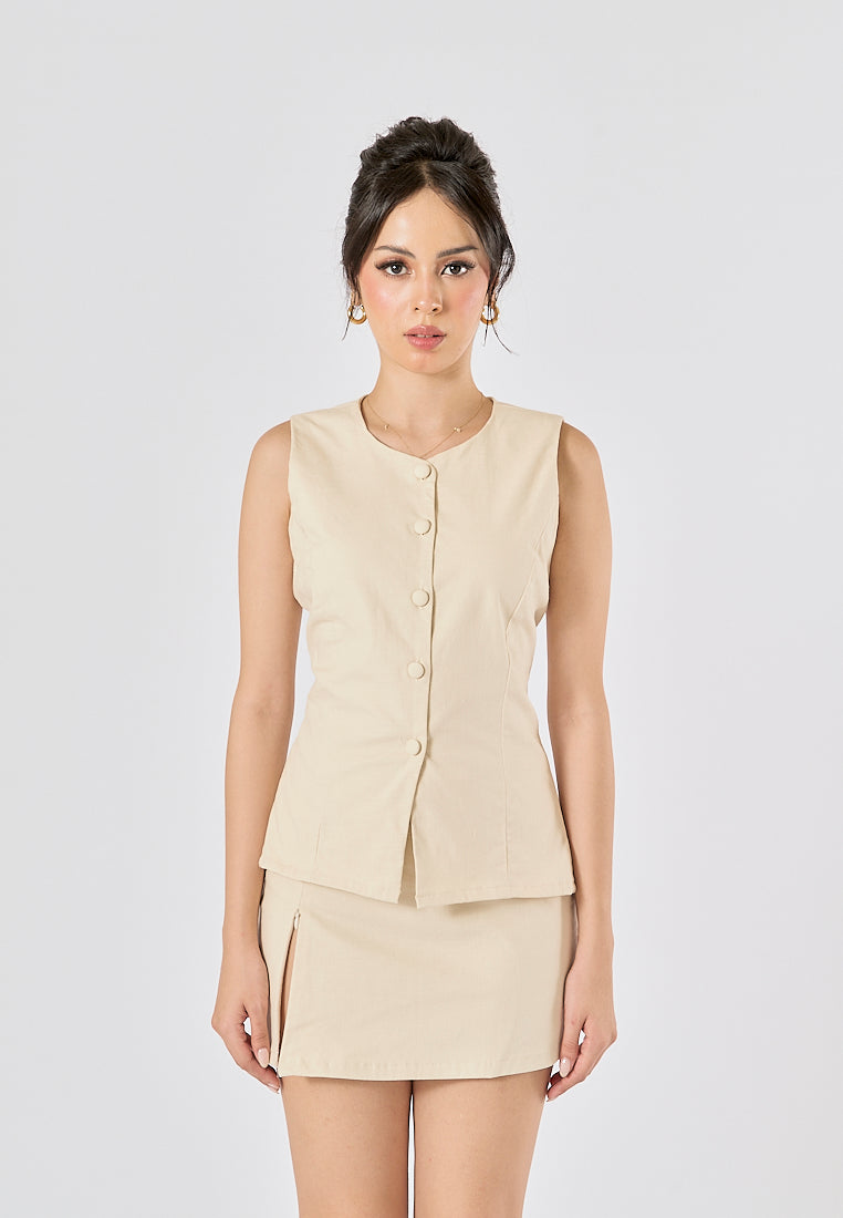 Vanaia Beige Elastic Back Waist Side Zipper Mini Skirt