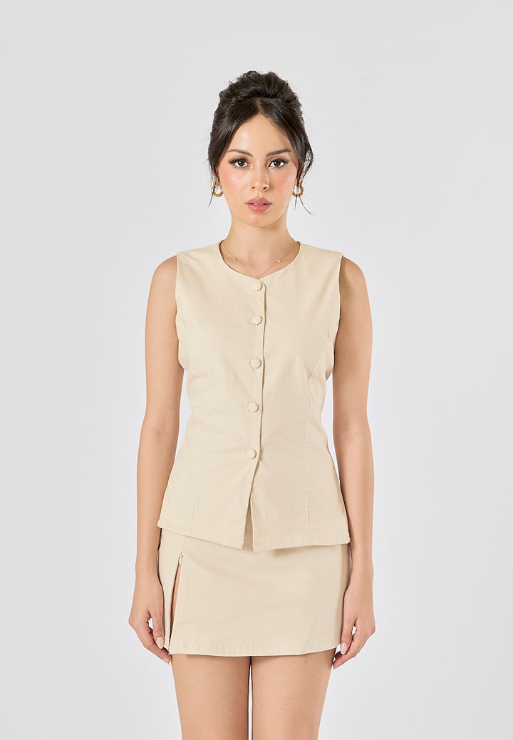 Vanaia Beige Elastic Back Waist Side Zipper Mini Skirt