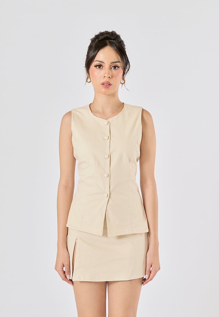 Halina Beige Single Breasted Button Closure Waistcoat Vest