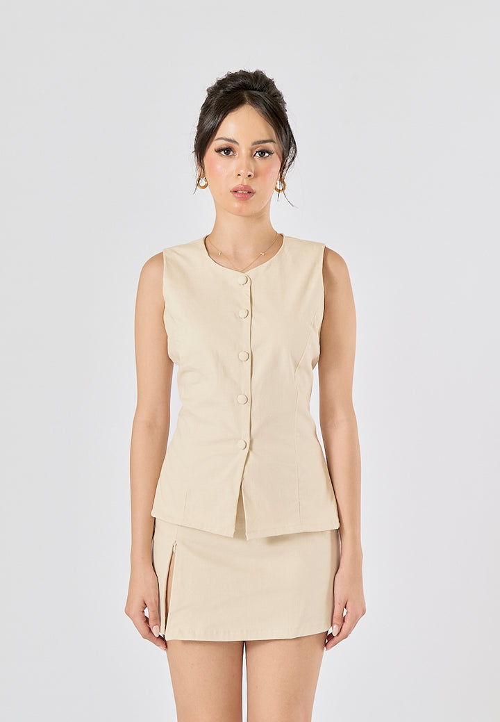Halina Beige Single Breasted Button Closure Waistcoat Vest