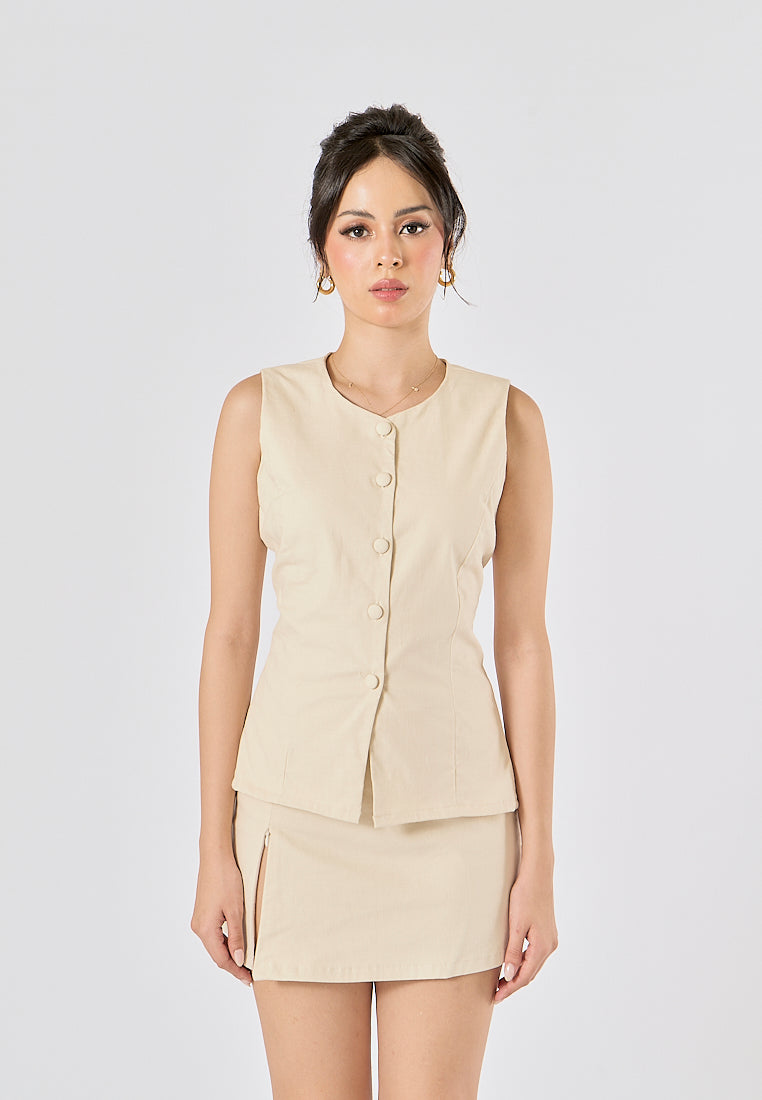 Vanaia Beige Elastic Back Waist Side Zipper Mini Skirt