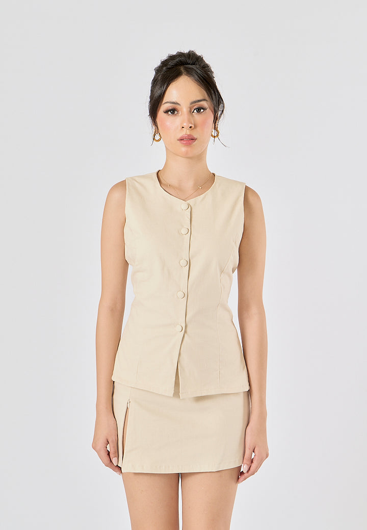 Vanaia Beige Elastic Back Waist Side Zipper Mini Skirt