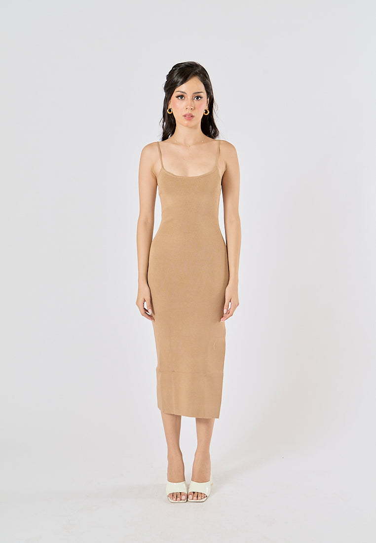 Oretha Khaki Thin Strap Knit Long Dress