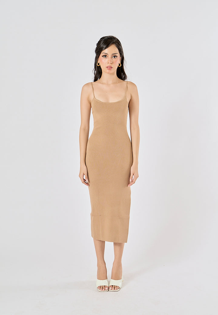 Oretha Khaki Thin Strap Knit Long Dress