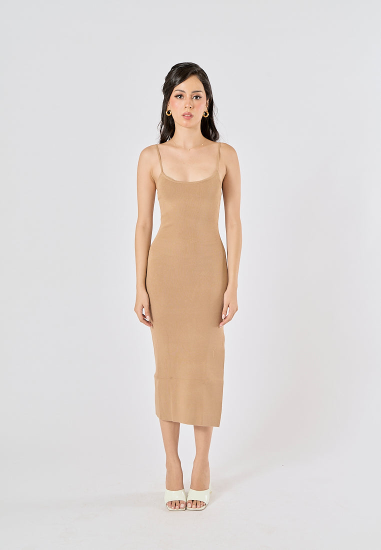 Oretha Khaki Thin Strap Knit Long Dress