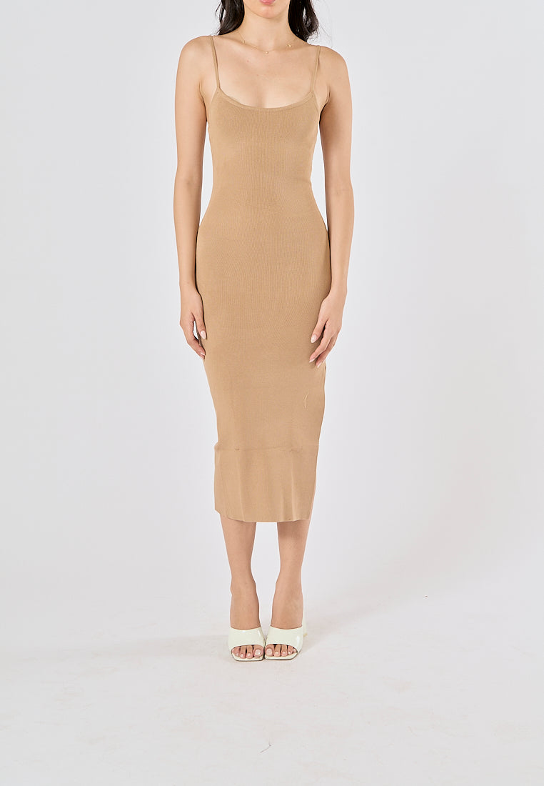 Oretha Khaki Thin Strap Knit Long Dress