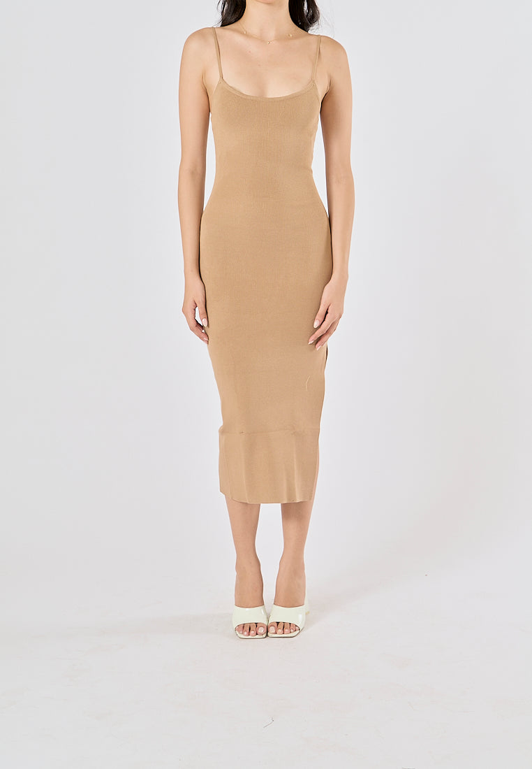 Oretha Khaki Thin Strap Knit Long Dress