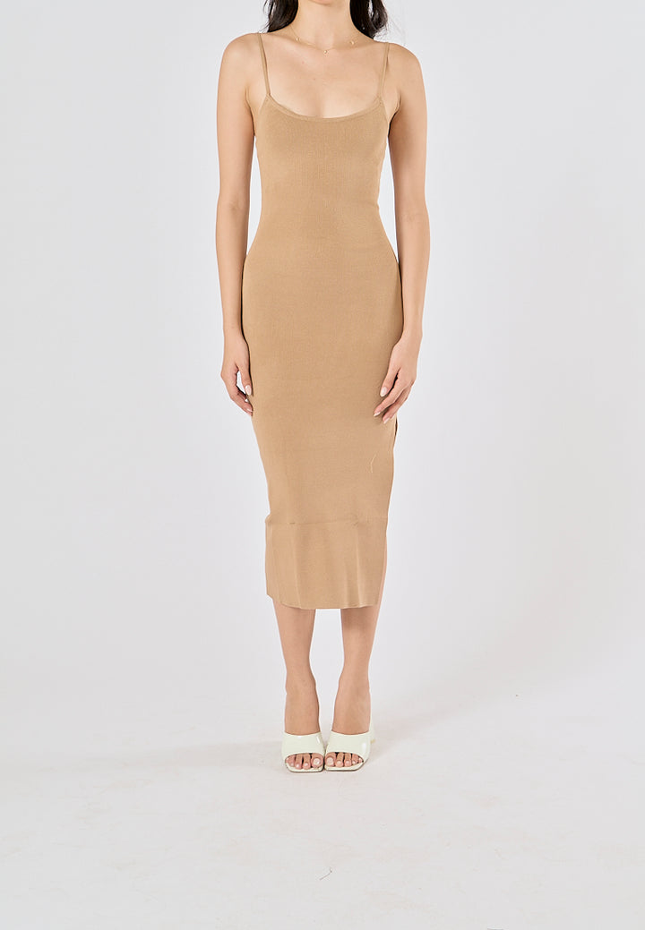 Oretha Khaki Thin Strap Knit Long Dress