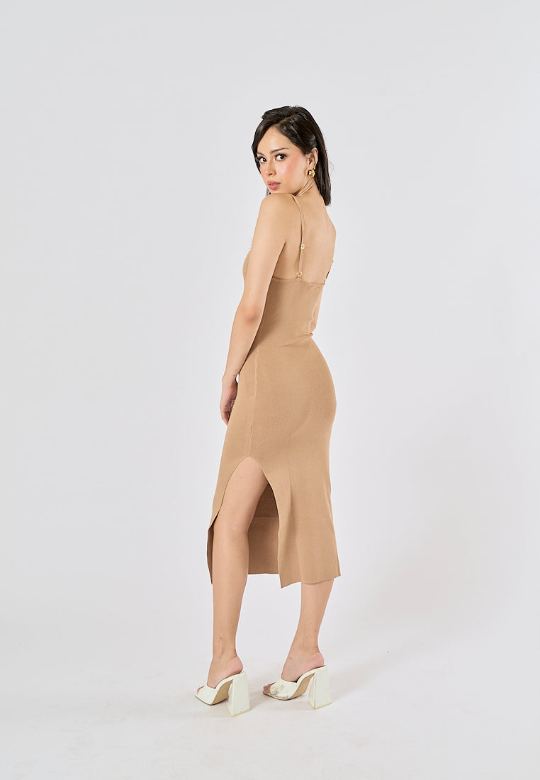 Oretha Khaki Thin Strap Knit Long Dress