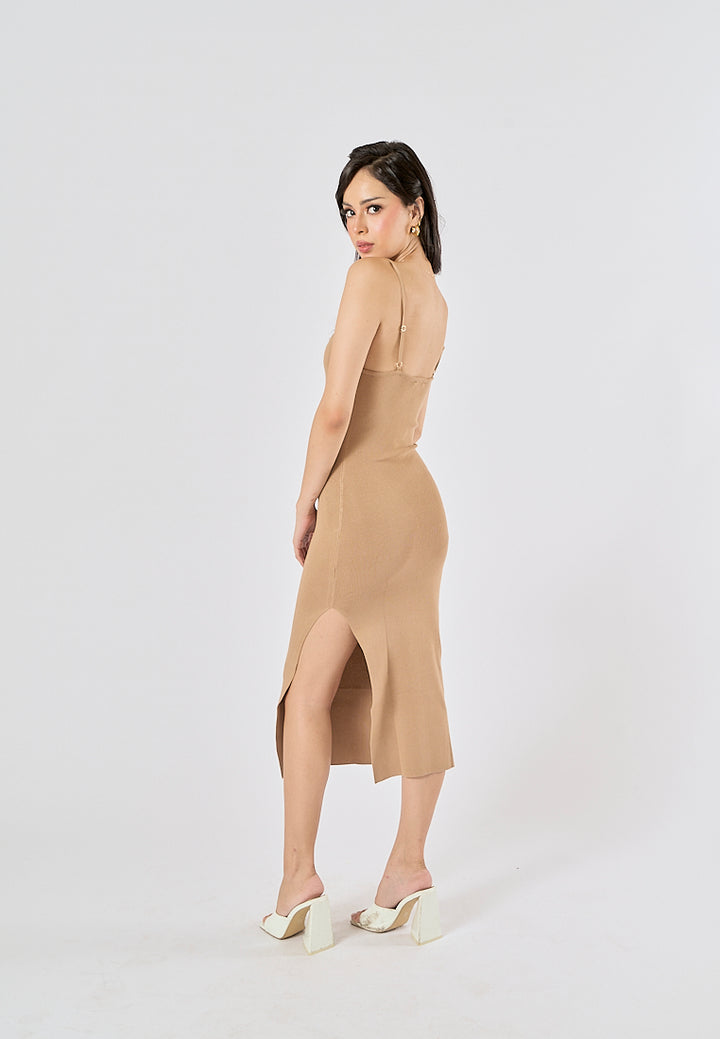 Oretha Khaki Thin Strap Knit Long Dress