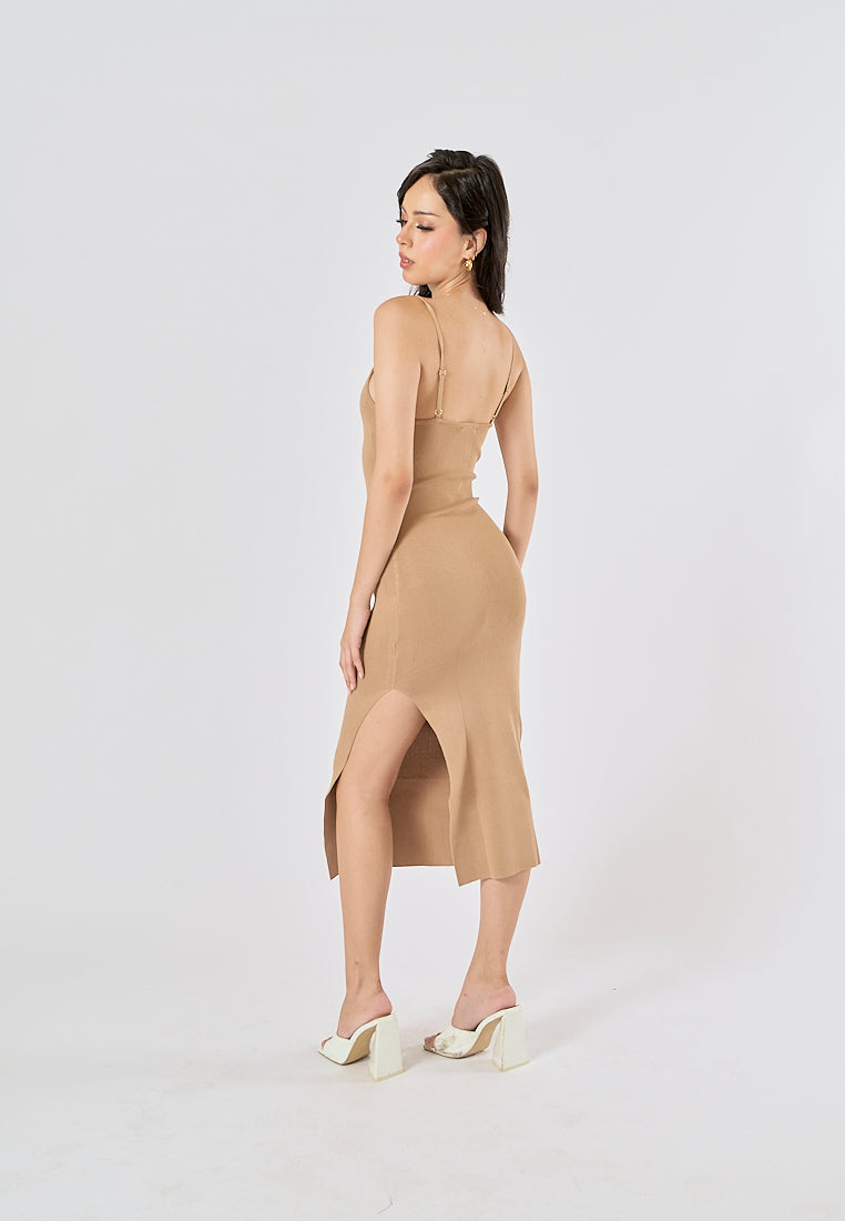Oretha Khaki Thin Strap Knit Long Dress