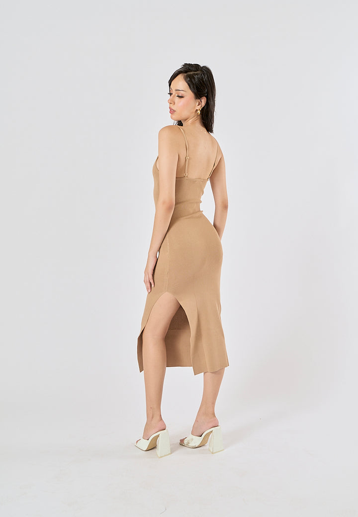 Oretha Khaki Thin Strap Knit Long Dress