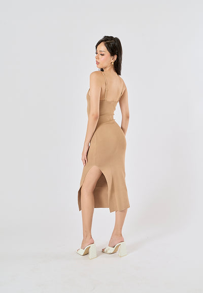 Oretha Khaki Thin Strap Knit Long Dress