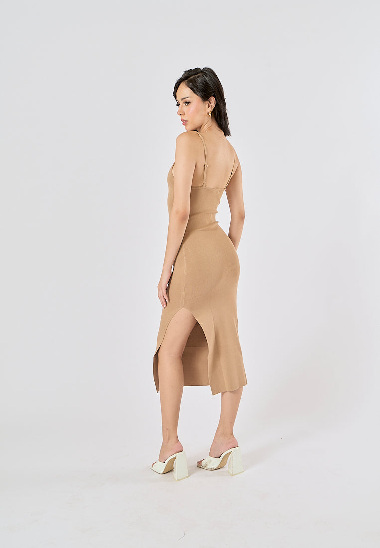 Oretha Khaki Thin Strap Knit Long Dress