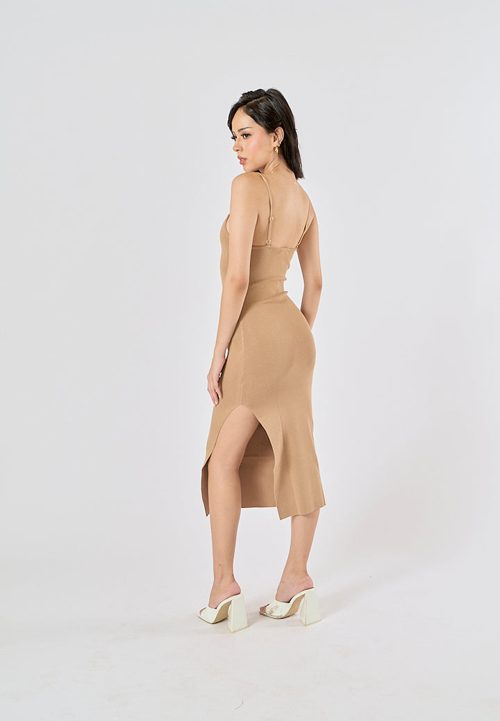 Oretha Khaki Thin Strap Knit Long Dress