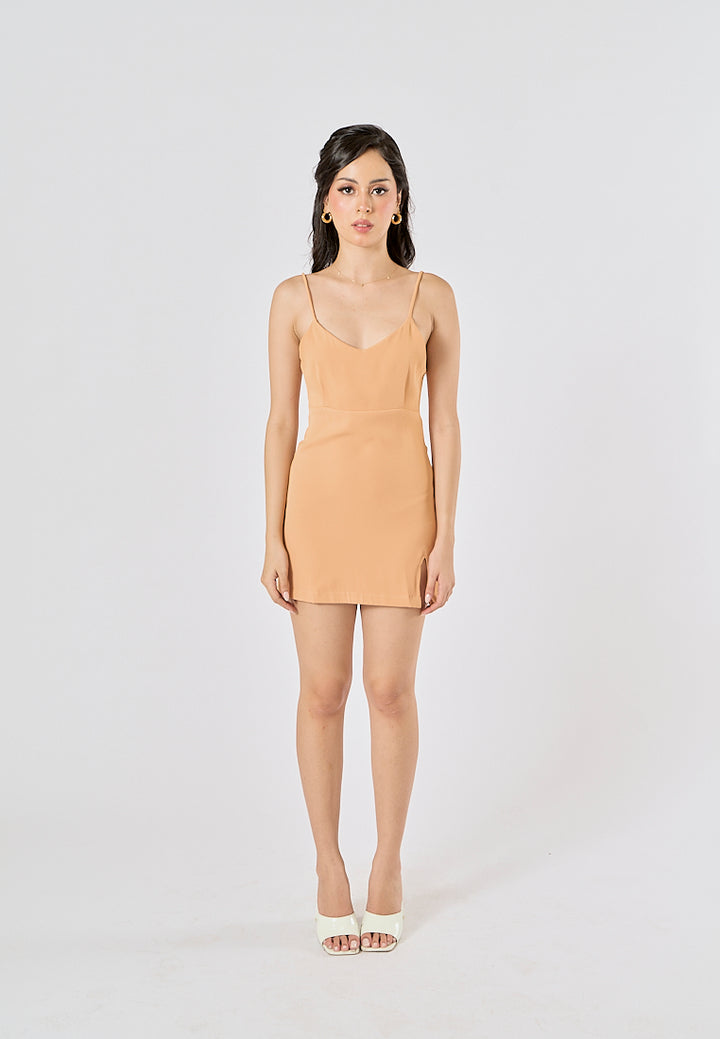 Rennata Pastel Orange V-Neck bustier with slit mini dress