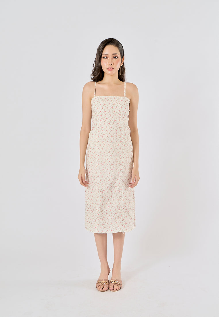 Fava White Swiss Dot Square Neck Thin Strap Midi Dress