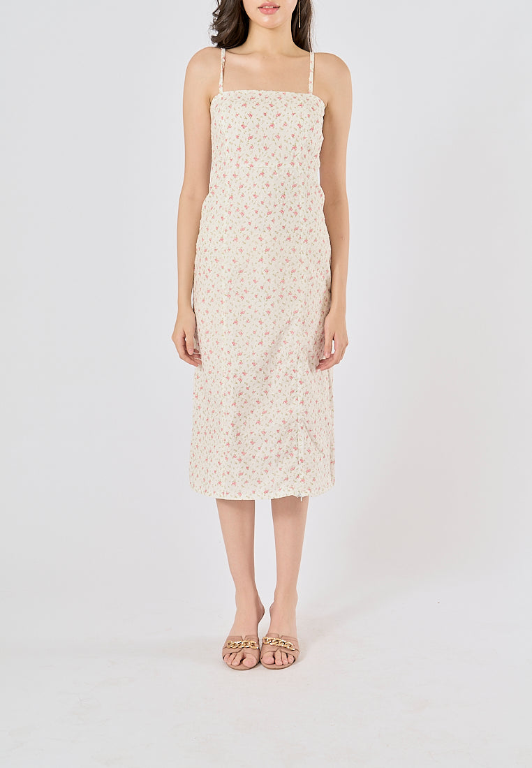 Fava White Swiss Dot Square Neck Thin Strap Midi Dress