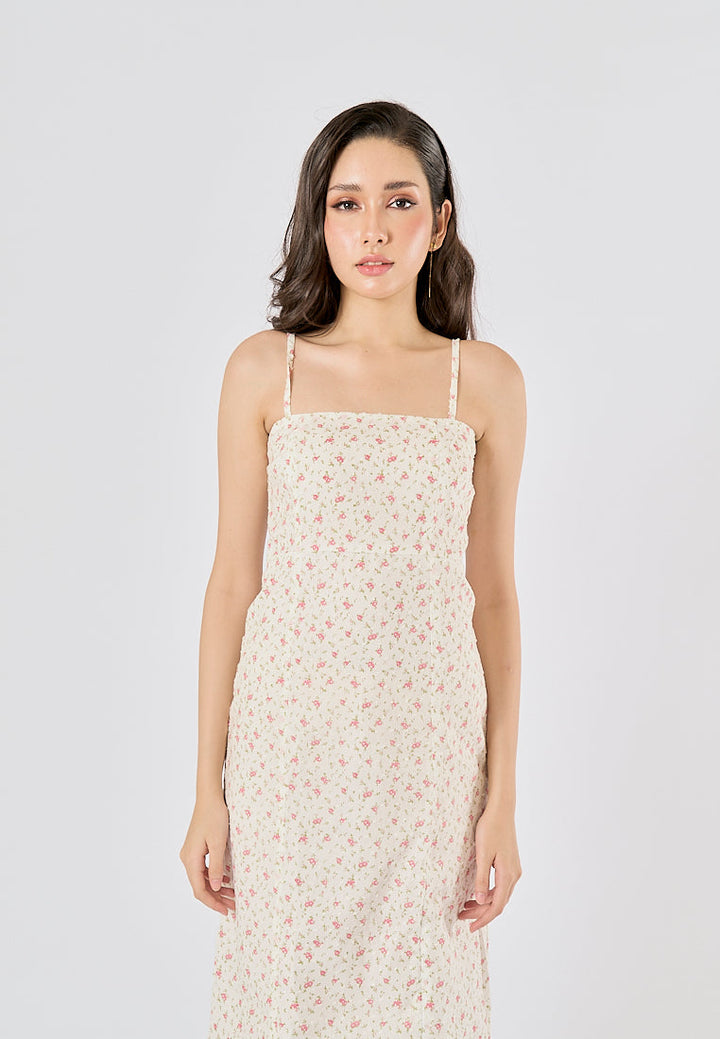 Fava White Swiss Dot Square Neck Thin Strap Midi Dress