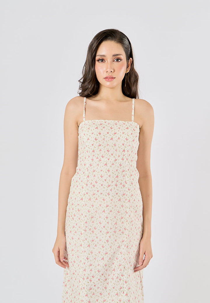 Fava White Swiss Dot Square Neck Thin Strap Midi Dress