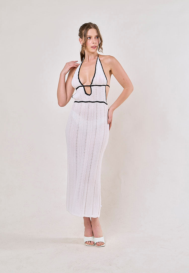 Liesl White Halter V-Neck Knitted Maxi Dress