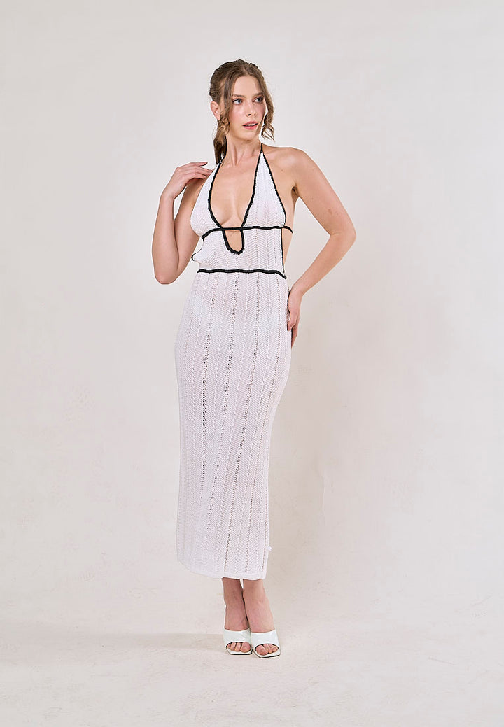 Liesl White Halter V-Neck Knitted Maxi Dress