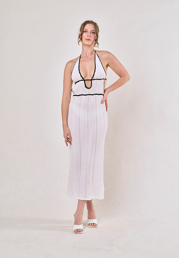Liesl White Halter V-Neck Knitted Maxi Dress