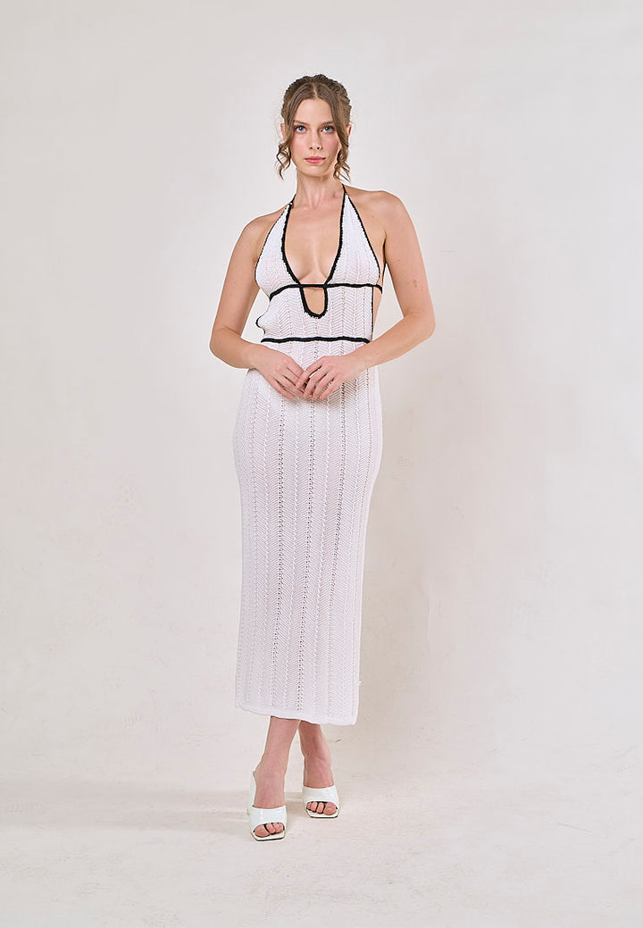 Liesl White Halter V-Neck Knitted Maxi Dress