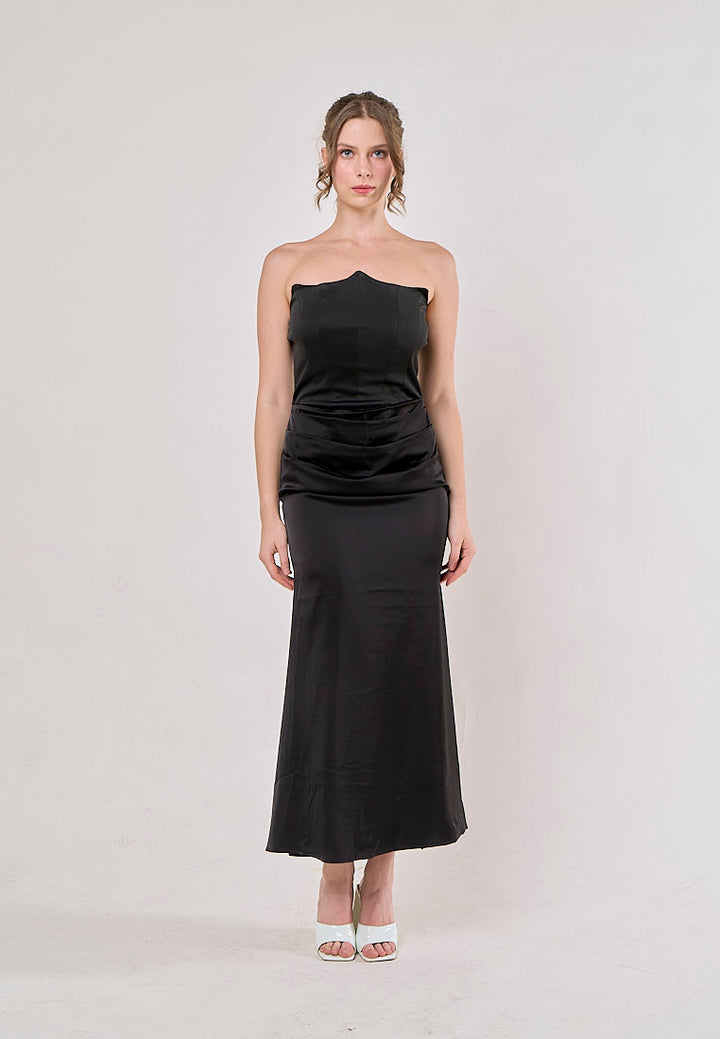 Rhiannon Black Tube Satin Ruched Waist Maxi Dress