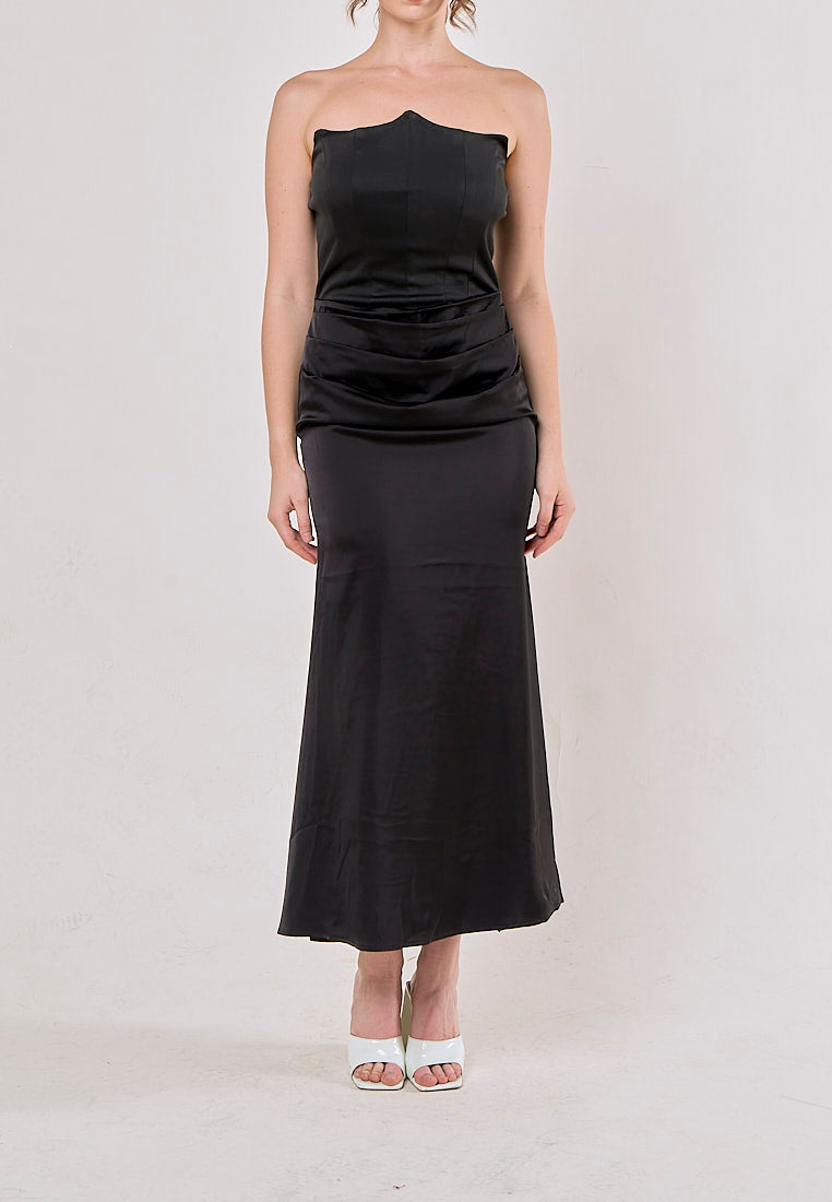 Rhiannon Black Tube Satin Ruched Waist Maxi Dress