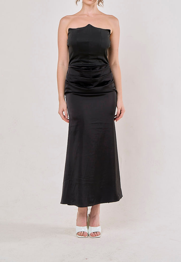 Rhiannon Black Tube Satin Ruched Waist Maxi Dress