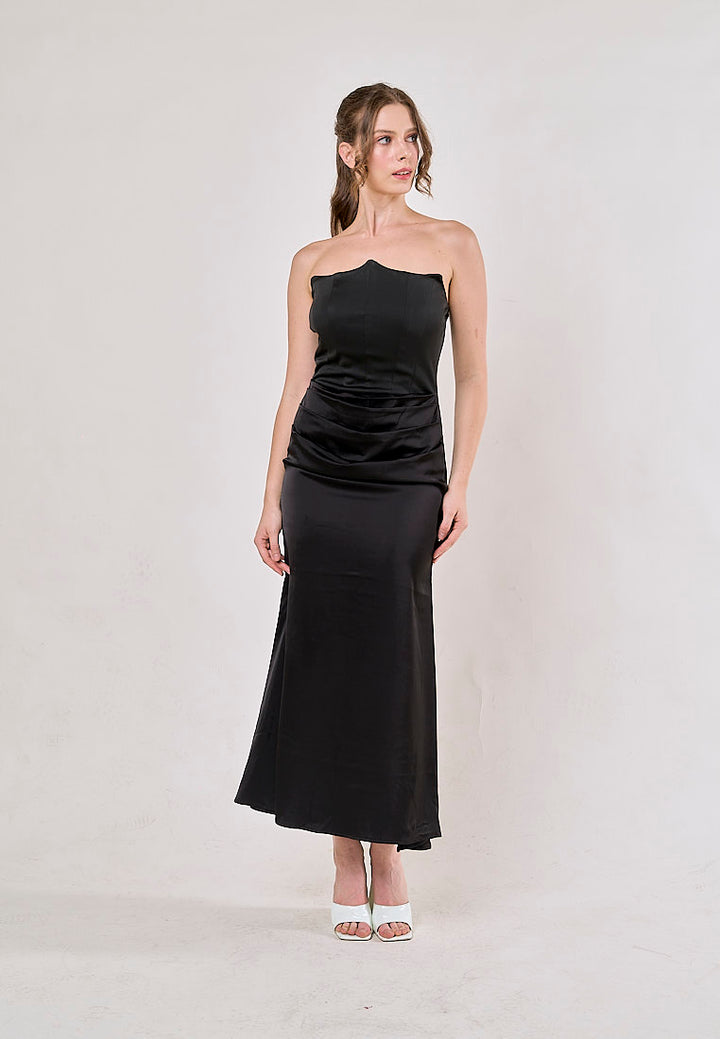 Rhiannon Black Tube Satin Ruched Waist Maxi Dress