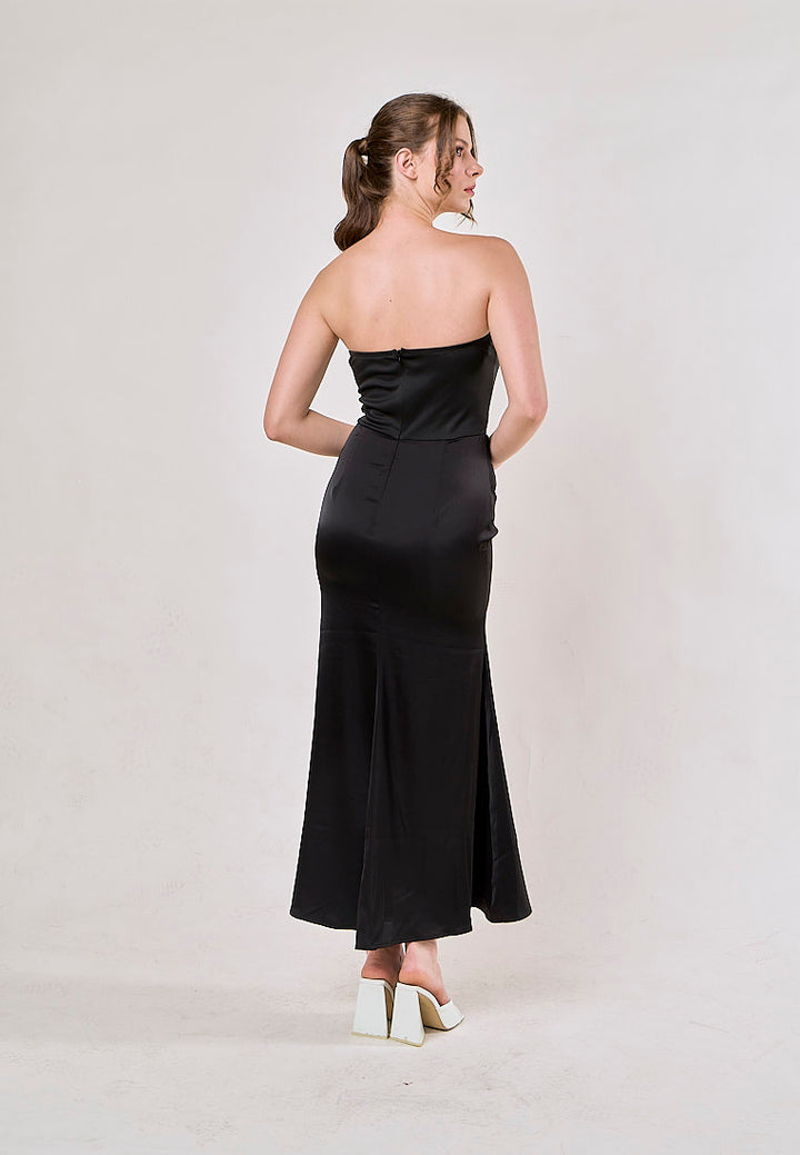 Rhiannon Black Tube Satin Ruched Waist Maxi Dress
