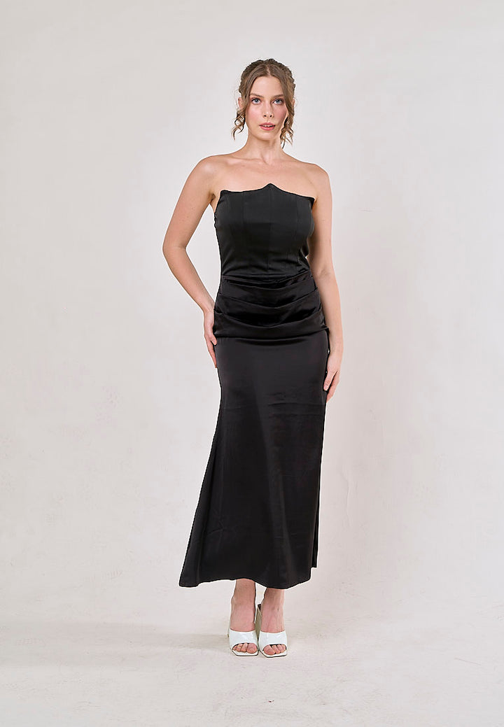 Rhiannon Black Tube Satin Ruched Waist Maxi Dress