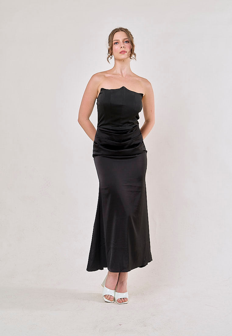 Rhiannon Black Tube Satin Ruched Waist Maxi Dress
