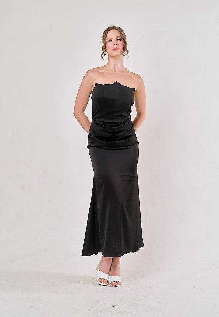 Rhiannon Black Tube Satin Ruched Waist Maxi Dress
