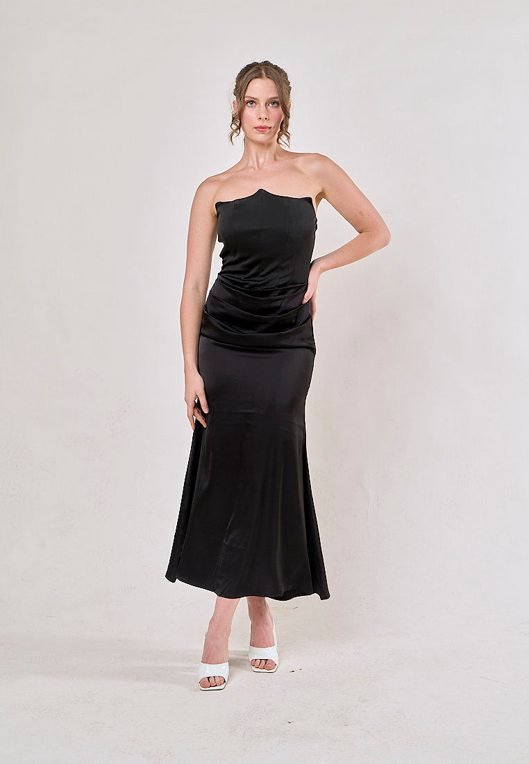 Rhiannon Black Tube Satin Ruched Waist Maxi Dress