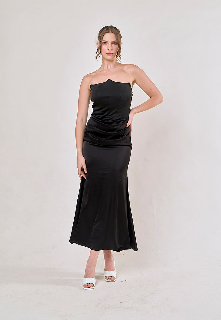 Rhiannon Black Tube Satin Ruched Waist Maxi Dress