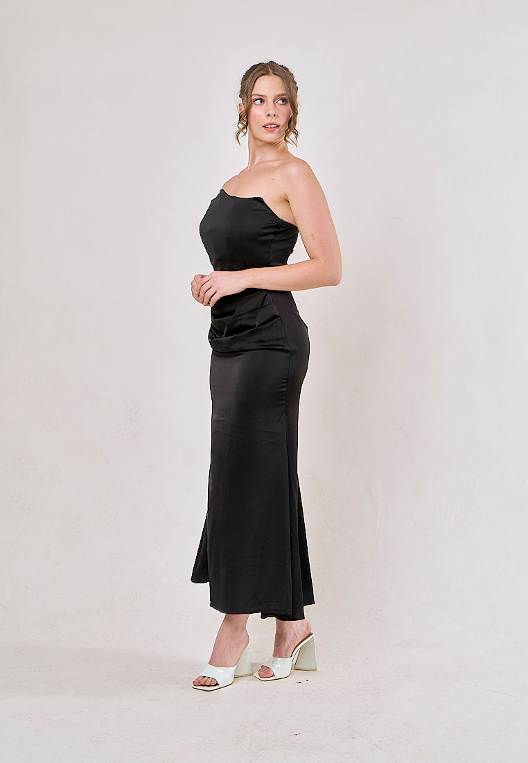 Rhiannon Black Tube Satin Ruched Waist Maxi Dress