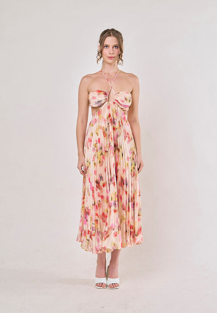 Taranis Multicolor Halter Pleated Sleeveless Floral Hollow Out Midi Dress