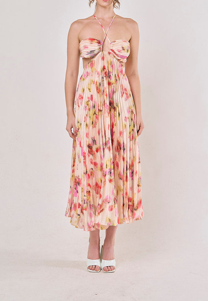 Taranis Multicolor Halter Pleated Sleeveless Floral Hollow Out Midi Dress