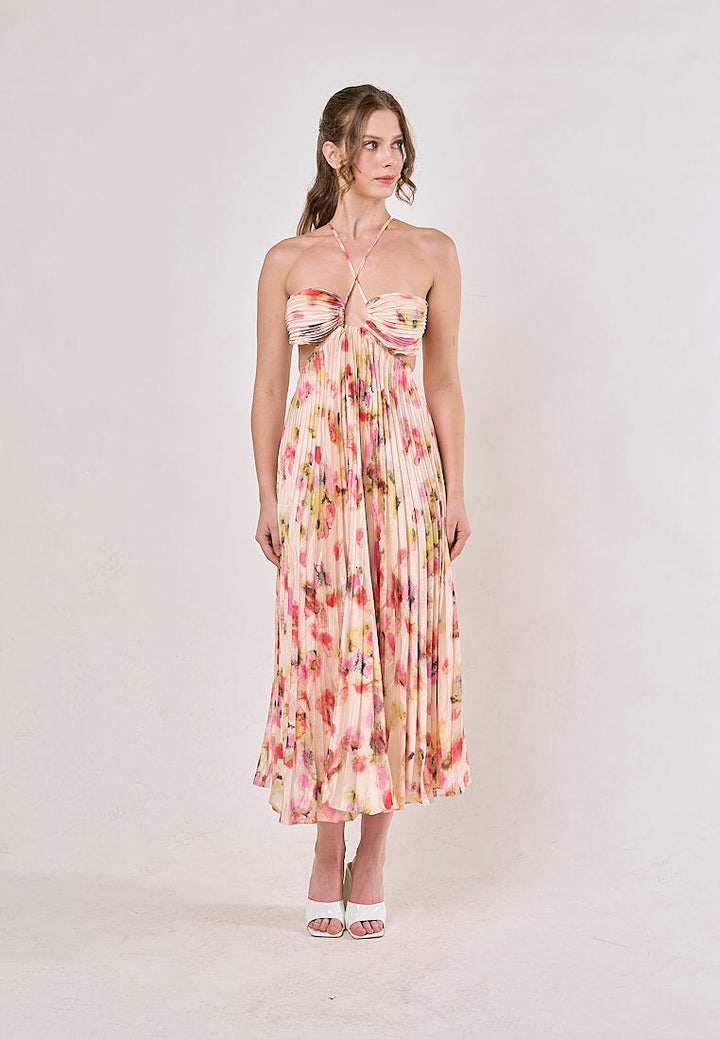 Taranis Multicolor Halter Pleated Sleeveless Floral Hollow Out Midi Dress