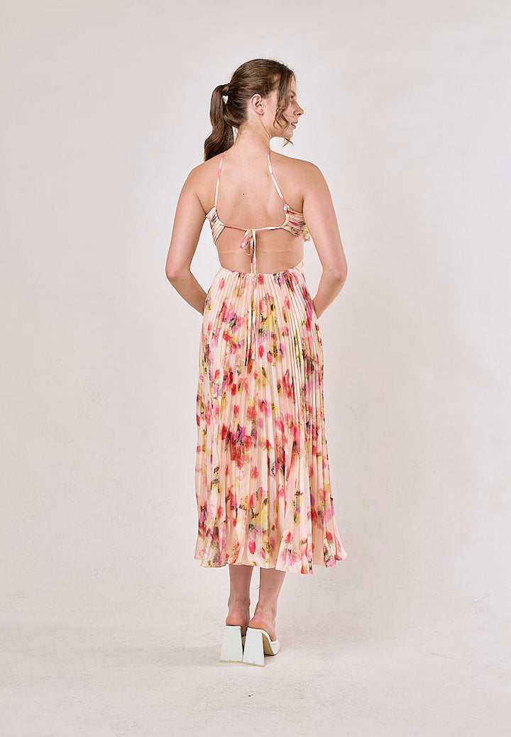 Taranis Multicolor Halter Pleated Sleeveless Floral Hollow Out Midi Dress