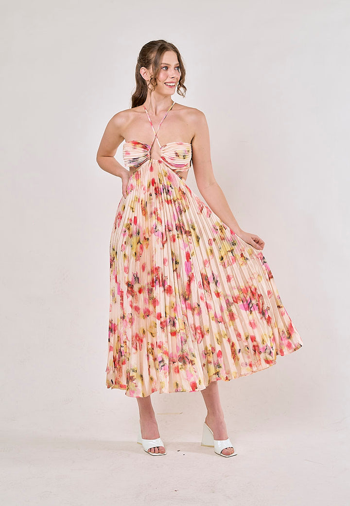 Taranis Multicolor Halter Pleated Sleeveless Floral Hollow Out Midi Dress