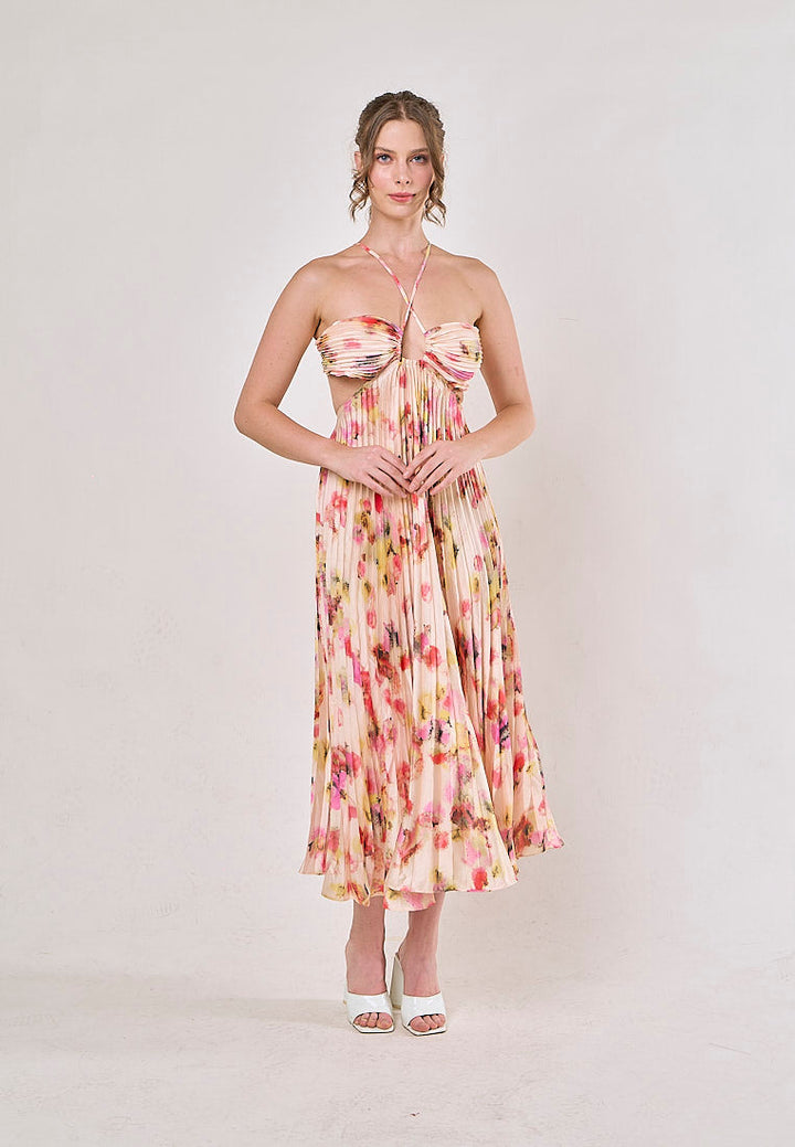 Taranis Multicolor Halter Pleated Sleeveless Floral Hollow Out Midi Dress