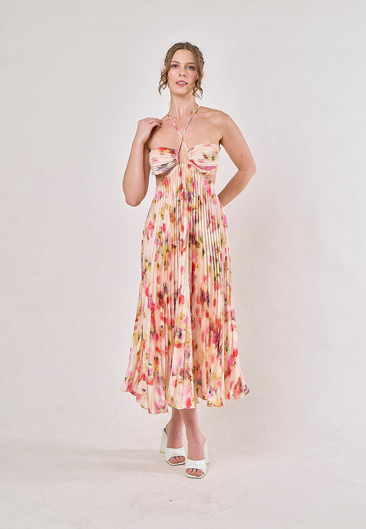 Taranis Multicolor Halter Pleated Sleeveless Floral Hollow Out Midi Dress