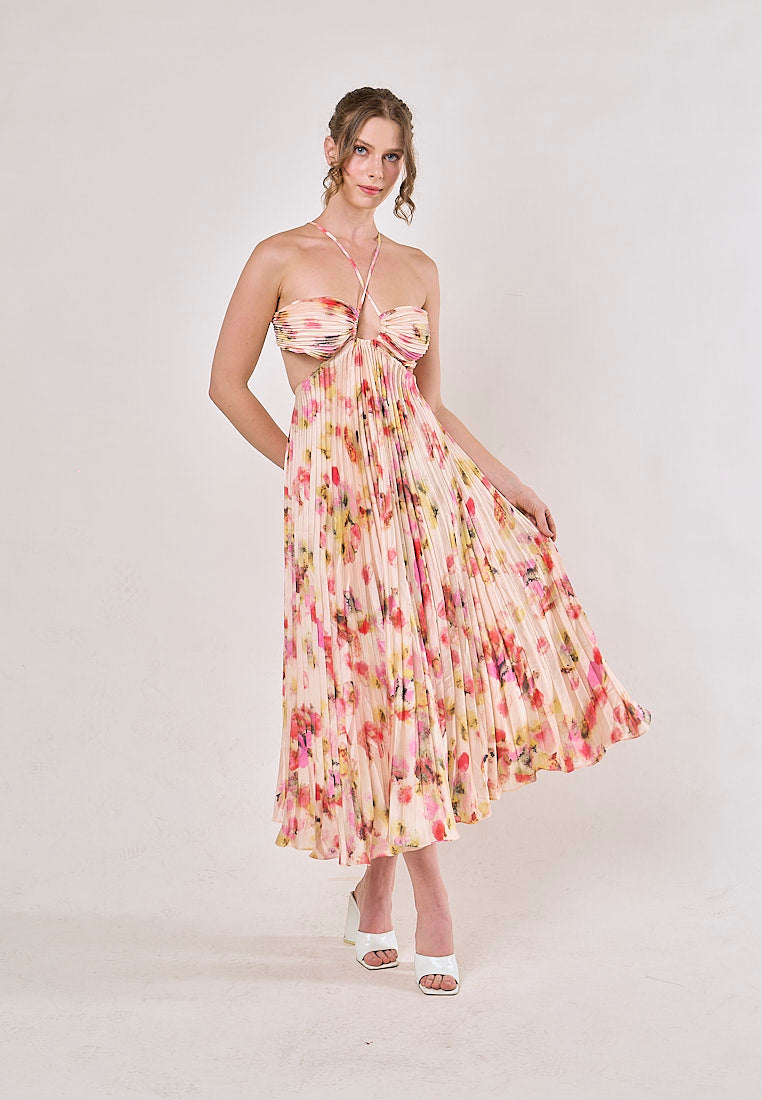 Taranis Multicolor Halter Pleated Sleeveless Floral Hollow Out Midi Dress