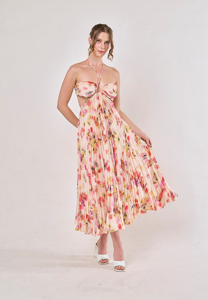 Taranis Multicolor Halter Pleated Sleeveless Floral Hollow Out Midi Dress